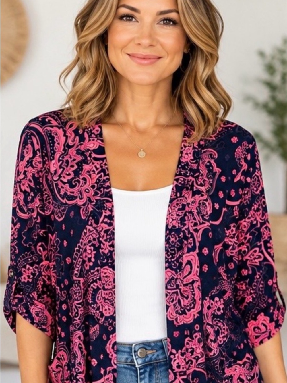 Dear Scarlett’s Navy and Pink Paisley Open-Front Cardigan